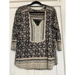 Lucky Brand 3/4 sleeve ladies BOHO floral and geo Print blouse Large